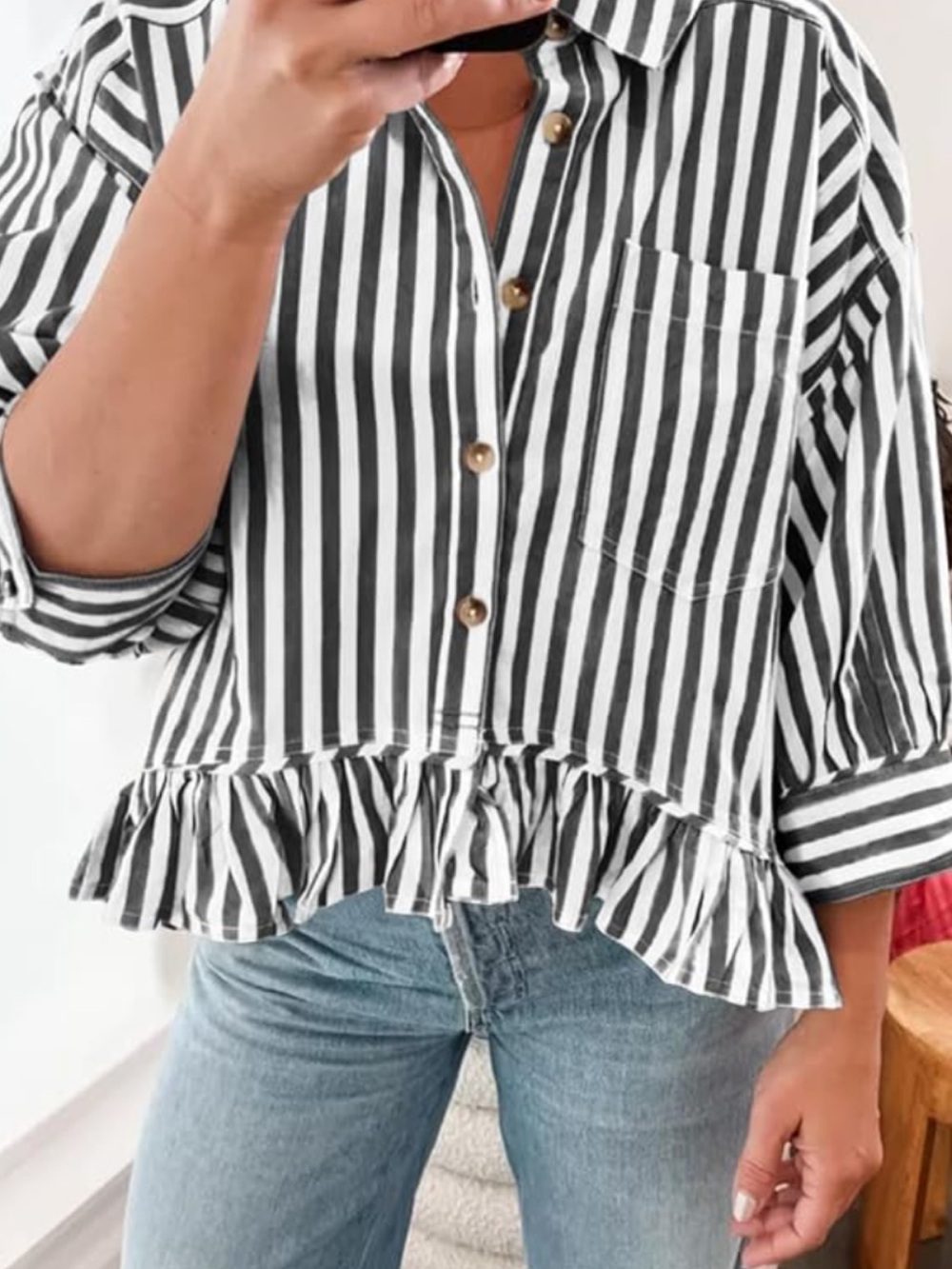 We The Free Navy and White Striped Ruffle-Hem Button Down - Picture 3 of 5